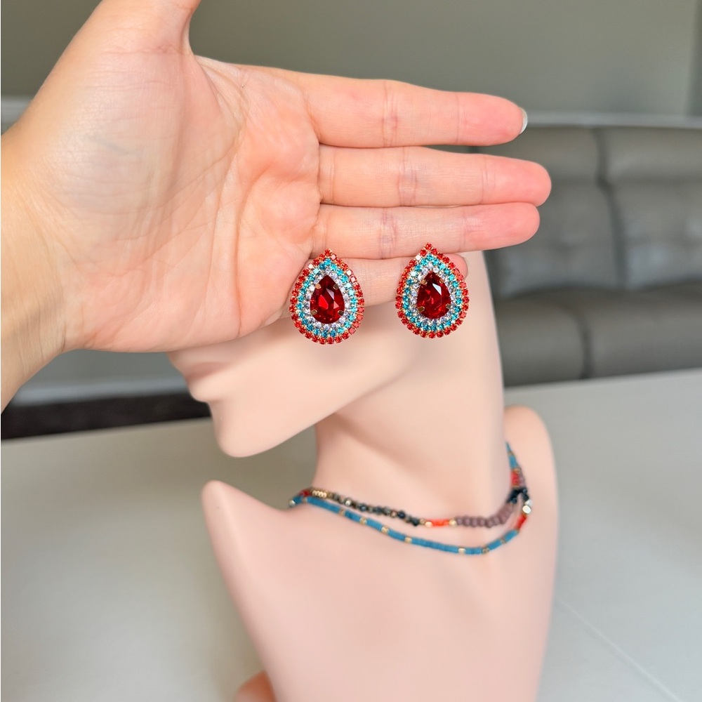 Red Teardrop Crystal Stud Earrings